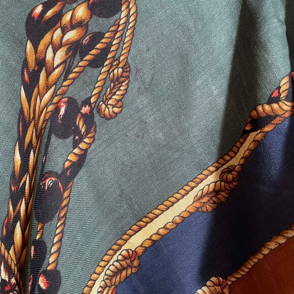 ANNE KLEIN wonderful 100% square scarf.Nautical print, brown, navy blue, green - Picture 5 of 9